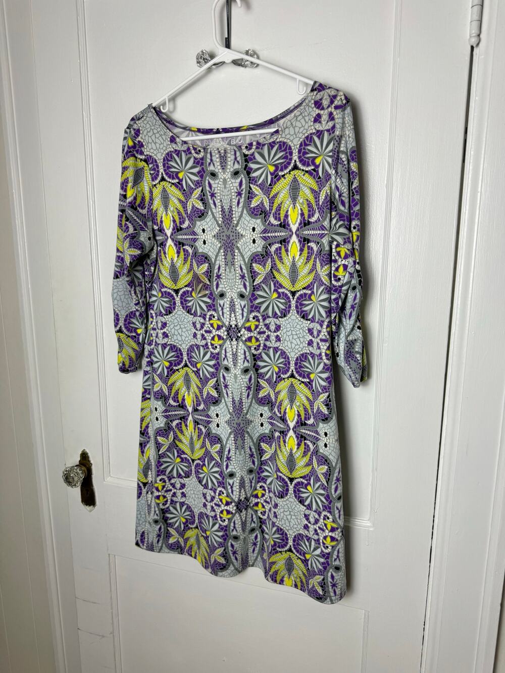 Soybu Ruched 3/4 Sleeve Purple Gray Floral Knit Short Dress Women's Medium